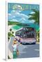 Bermuda - Pink Bus on Coastline-Lantern Press-Framed Art Print