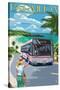 Bermuda - Pink Bus on Coastline-Lantern Press-Stretched Canvas