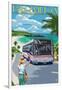 Bermuda - Pink Bus on Coastline-Lantern Press-Framed Art Print