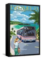 Bermuda - Pink Bus on Coastline-Lantern Press-Framed Stretched Canvas