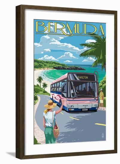 Bermuda - Pink Bus on Coastline-Lantern Press-Framed Art Print