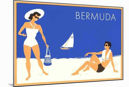 Bermuda Travel Poster, Couple on Beacch-null-Mounted Art Print