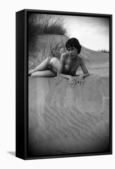 Bernadette Lafont, as a young woman, on the beach, south of France, c. 1955 (b/w photo)-null-Framed Stretched Canvas