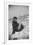 Bernadette Lafont, as a young woman, on the beach, south of France, c. 1955 (b/w photo)-null-Framed Photo