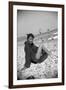 Bernadette Lafont, as a young woman, on the beach, south of France, c. 1955 (b/w photo)-null-Framed Photo