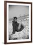 Bernadette Lafont, as a young woman, on the beach, south of France, c. 1955 (b/w photo)-null-Framed Photo