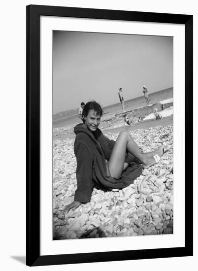 Bernadette Lafont, as a young woman, on the beach, south of France, c. 1955 (b/w photo)-null-Framed Photo