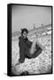 Bernadette Lafont, as a young woman, on the beach, south of France, c. 1955 (b/w photo)-null-Framed Stretched Canvas