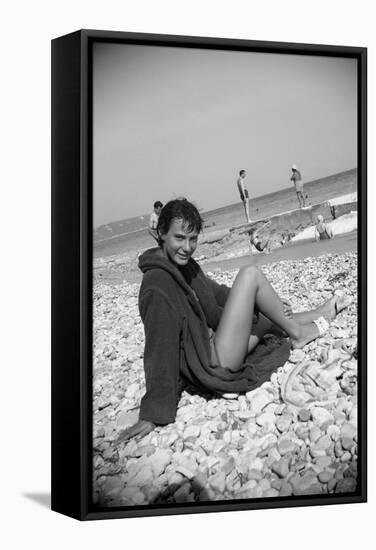 Bernadette Lafont, as a young woman, on the beach, south of France, c. 1955 (b/w photo)-null-Framed Stretched Canvas