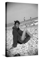 Bernadette Lafont, as a young woman, on the beach, south of France, c. 1955 (b/w photo)-null-Stretched Canvas