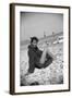 Bernadette Lafont, as a young woman, on the beach, south of France, c. 1955 (b/w photo)-null-Framed Photo