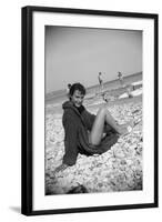 Bernadette Lafont, as a young woman, on the beach, south of France, c. 1955 (b/w photo)-null-Framed Photo