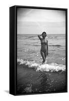 Bernadette Lafont, as a young woman, on the beach, south of France, c. 1955 (b/w photo)-null-Framed Stretched Canvas