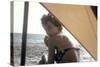 Bernadette Lafont, as a young woman, on the beach, south of France, c. 1955 (photo)-null-Stretched Canvas