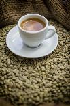 Cup of Espresso on a Sack with Unroasted Coffee Beans-Bernd Wittelsbach-Photographic Print