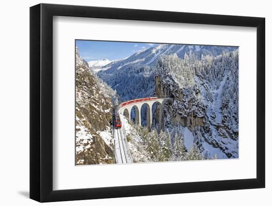 Bernina Train at Landwasser Viaduct, UNESCO World Heritage, Engadine, Switzerland-ClickAlps-Framed Premium Photographic Print