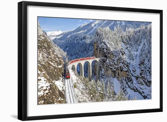 Bernina Train at Landwasser Viaduct, UNESCO World Heritage, Engadine, Switzerland-ClickAlps-Framed Photographic Print