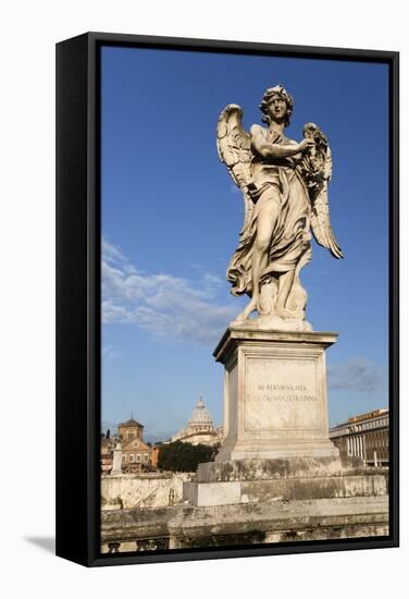 Bernini's Breezy Maniac Angels Statue on the Ponte Sant'Angelo with St. Peter's Basilica Behind-Stuart Black-Framed Stretched Canvas