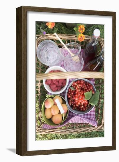 Berries, Apricots, Bottles of Juice and Jars in Basket-Eising Studio - Food Photo and Video-Framed Photographic Print