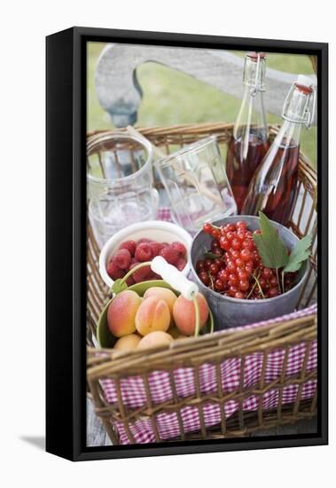 Berries, Apricots, Bottles of Juice and Jars in Basket-Eising Studio - Food Photo and Video-Framed Stretched Canvas