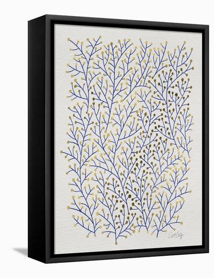 Berry Branches in Gold and Navy-Cat Coquillette-Framed Stretched Canvas