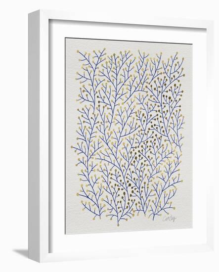 Berry Branches in Gold and Navy-Cat Coquillette-Framed Art Print