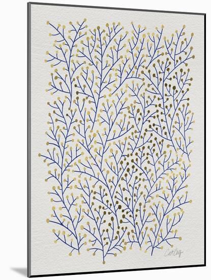 Berry Branches in Gold and Navy-Cat Coquillette-Mounted Art Print