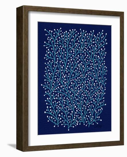 Berry Branches in Navy and Turquoise-Cat Coquillette-Framed Art Print