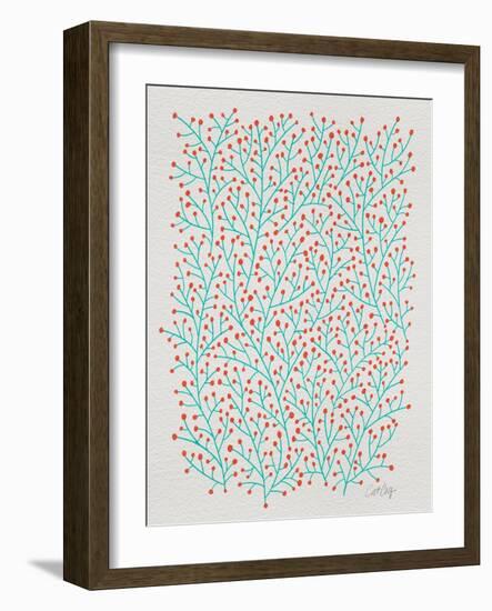 Berry Branches in Red and Turquoise-Cat Coquillette-Framed Art Print