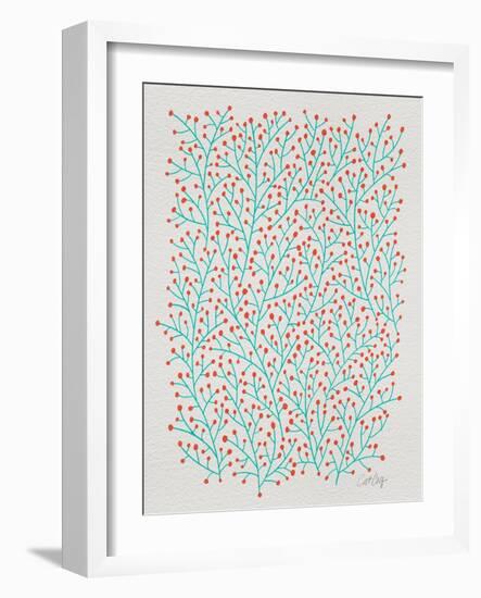 Berry Branches in Red and Turquoise-Cat Coquillette-Framed Art Print