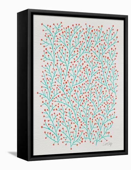 Berry Branches in Red and Turquoise-Cat Coquillette-Framed Stretched Canvas
