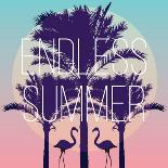 Silhouette Tropic Birds Flamingos and a Banana Palm Tree in the Background Paradise Sunset Vacation-Berry2046-Laminated Art Print