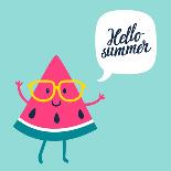 Funny Vector Background with Watermelon Slice in Glasses, Speech Bubble and Hand Written Text Hello-Beskova Ekaterina-Art Print