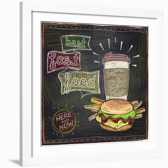 Best Fast Food Chalkboard Design with Hamburger, French Fries and Coffee-Selenka-Framed Art Print