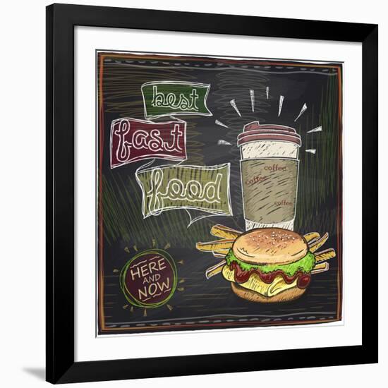 Best Fast Food Chalkboard Design with Hamburger, French Fries and Coffee-Selenka-Framed Art Print