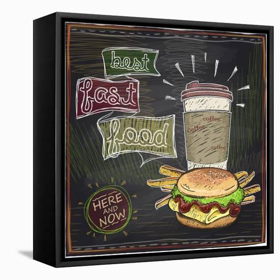 Best Fast Food Chalkboard Design with Hamburger, French Fries and Coffee-Selenka-Framed Stretched Canvas