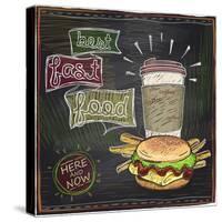 Best Fast Food Chalkboard Design with Hamburger, French Fries and Coffee-Selenka-Stretched Canvas