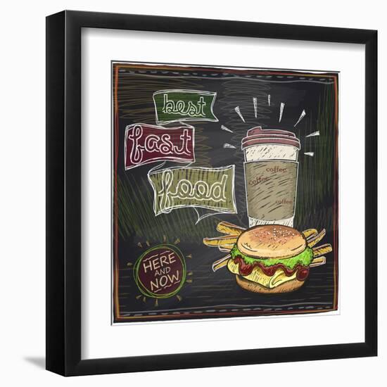 Best Fast Food Chalkboard Design with Hamburger, French Fries and Coffee-Selenka-Framed Art Print