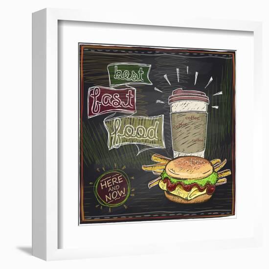 Best Fast Food Chalkboard Design with Hamburger, French Fries and Coffee-Selenka-Framed Art Print