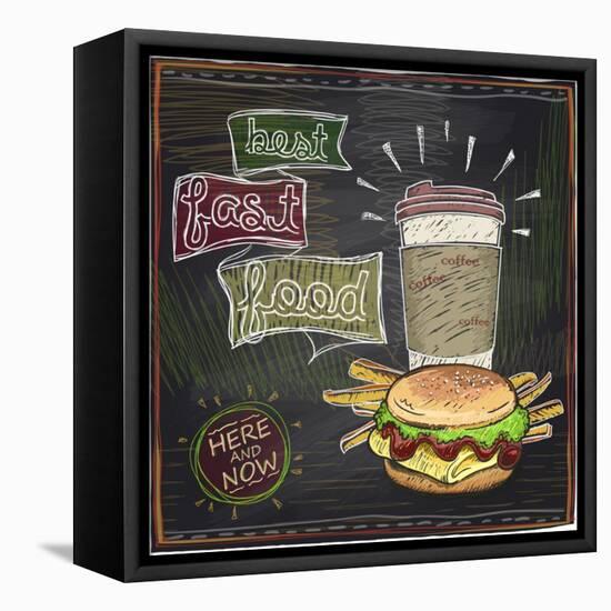 Best Fast Food Chalkboard Design with Hamburger, French Fries and Coffee-Selenka-Framed Stretched Canvas
