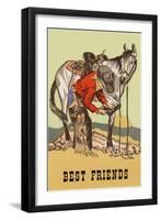 Best Friends, Cowboy Checking Horse Hoof-null-Framed Art Print