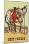 Best Friends, Cowboy Checking Horse Hoof-null-Mounted Art Print