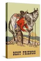 Best Friends, Cowboy Checking Horse Hoof-null-Stretched Canvas