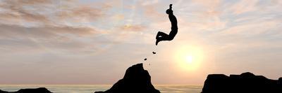 Concept or Conceptual Young Man, Businessman Silhouette Jump Happy from Cliff over Water Gap Sunset-bestdesign36-Photographic Print