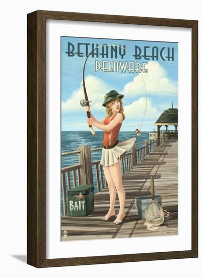 Bethany Beach, Delaware - Pinup Girl Fishing-Lantern Press-Framed Art Print