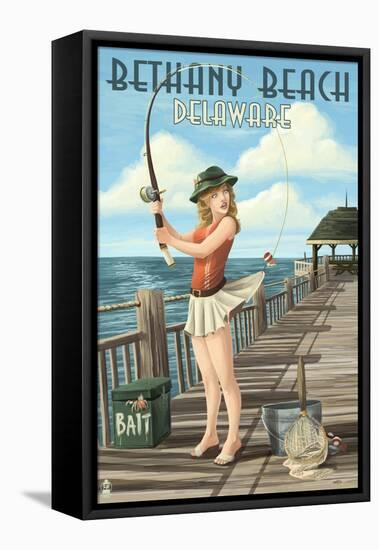 Bethany Beach, Delaware - Pinup Girl Fishing-Lantern Press-Framed Stretched Canvas