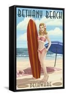 Bethany Beach, Delaware - Surfer Pinup-Lantern Press-Framed Stretched Canvas