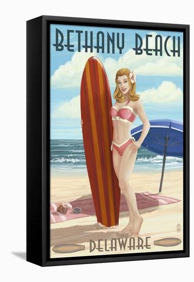 Bethany Beach, Delaware - Surfer Pinup-Lantern Press-Framed Stretched Canvas