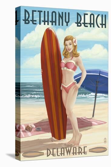 Bethany Beach, Delaware - Surfer Pinup-Lantern Press-Stretched Canvas