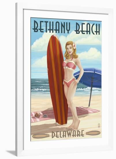 Bethany Beach, Delaware - Surfer Pinup-Lantern Press-Framed Art Print